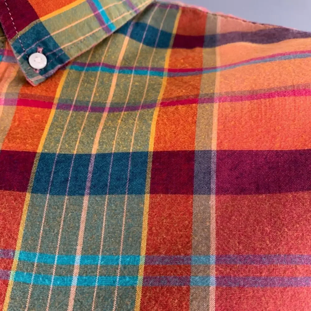 J.CREW Size L Multi Color Cotton Madras Classic Short Sleeve Shirt